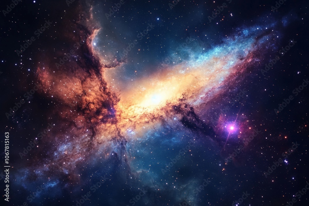 Fototapeta premium A cosmic explosion lights up space with bright, colorful nebulae. The stunning celestial event captures the breathtaking beauty of the universe and distant galaxies.