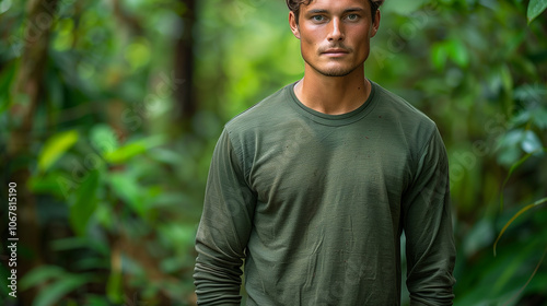 Olive Green Long Sleeve Shirt Mockup in Dense Jungle Setting