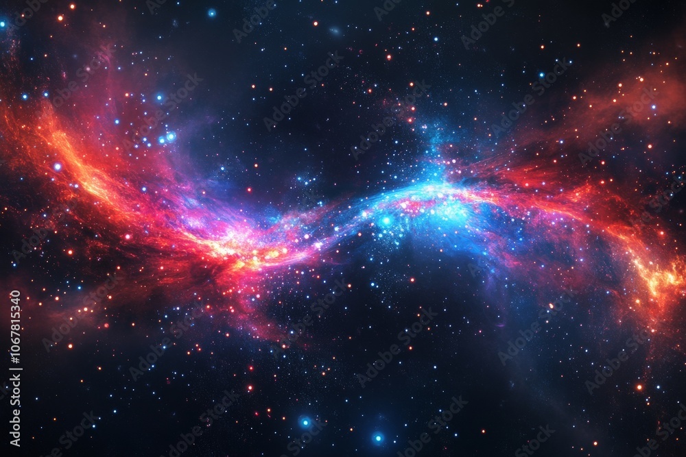 The image captures a dramatic cosmic ribbon formed by red and blue nebulae stretching across the universe, symbolizing the interplay of energy and matter. The image captures a dramatic cosmic ribbon formed by red and blue nebulae stretching across the universe, symbolizing the interplay of energy and matter.