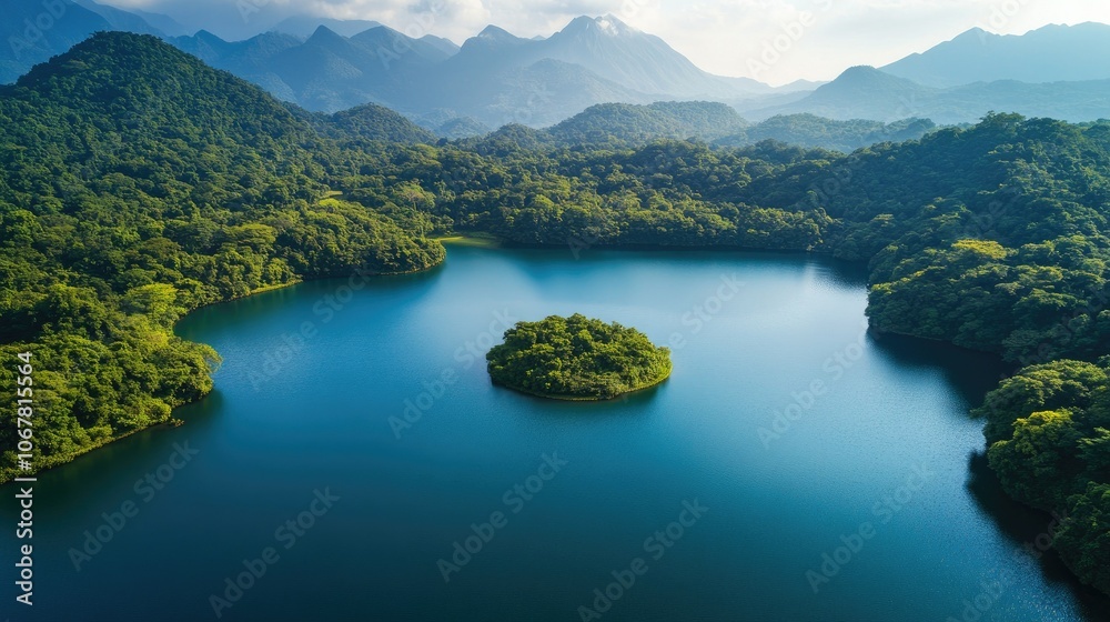 Aerial view of a pristine lake with surrounding mountains, dense forest, and a small island in the middle Aerial view of a pristine lake with surrounding mountains, dense forest, and a small island in the middle