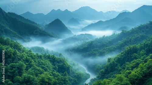 Beautiful Jungle Landscape with Fog and River. Generative AI