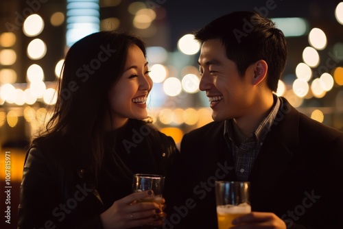 A lively couple sharing laughs while holding drinks, their faces illuminated by city night lights, showcasing joy, companionship, and urban living at its finest. photo