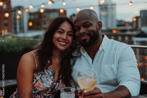 A smiling couple seated on a lively terrace with drinks in hand, engaged in pleasant conversation, representing relaxation, happiness, and urban enjoyment.