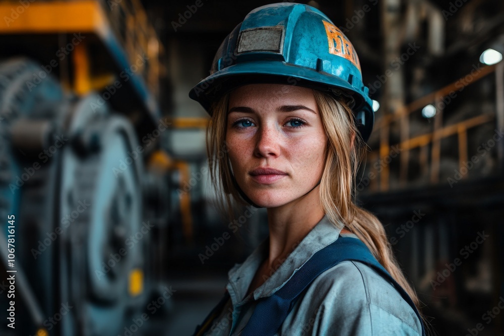 A hardworking female worker stands in the center of a classic mining facility, with determination reflecting on her face, symbolizing perseverance and labor. A hardworking female worker stands in the center of a classic mining facility, with determination reflecting on her face, symbolizing perseverance and labor.
