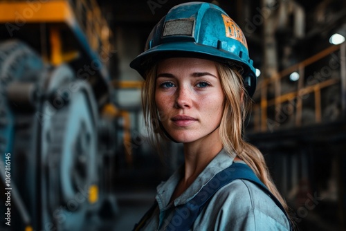 A hardworking female worker stands in the center of a classic mining facility, with determination reflecting on her face, symbolizing perseverance and labor.