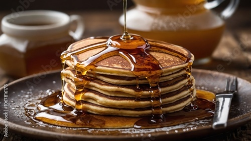 A stack of pancakes drizzled with syrup on a wooden plate, evoking a cozy breakfast scene.