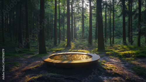 Forest Meditation Bowl: Tranquil Water Reflection in Sunlit Woods