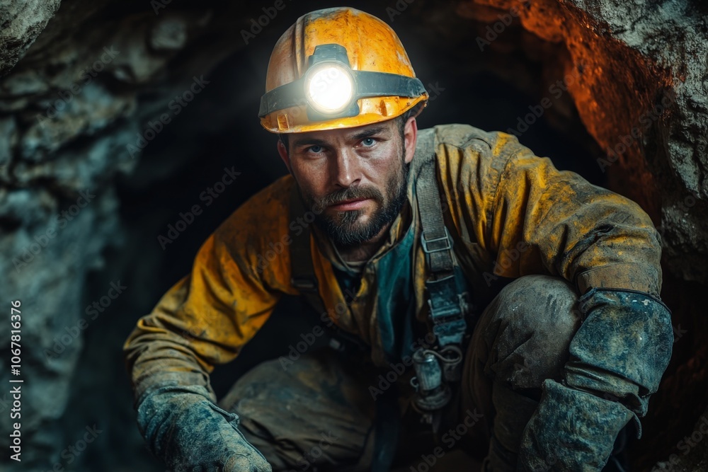 A determined miner wearing a helmet with a light, crouching inside a rocky tunnel, symbolizing resilience and hard work under harsh conditions. A determined miner wearing a helmet with a light, crouching inside a rocky tunnel, symbolizing resilience and hard work under harsh conditions.