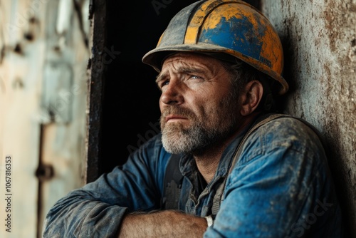 A contemplative miner wearing a helmet, sitting in an industrial setting with dirt-stained clothes, lost in thought about his challenging and demanding job.