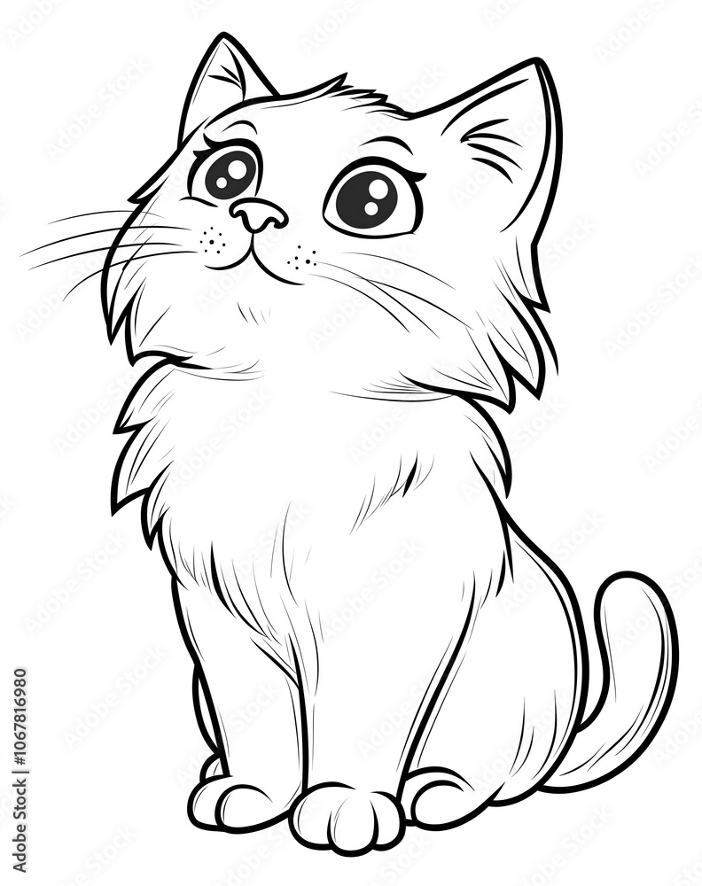 Fototapeta premium Simple line art drawing of a cute cat, a simple coloring page for kids with crisp lines and a white background