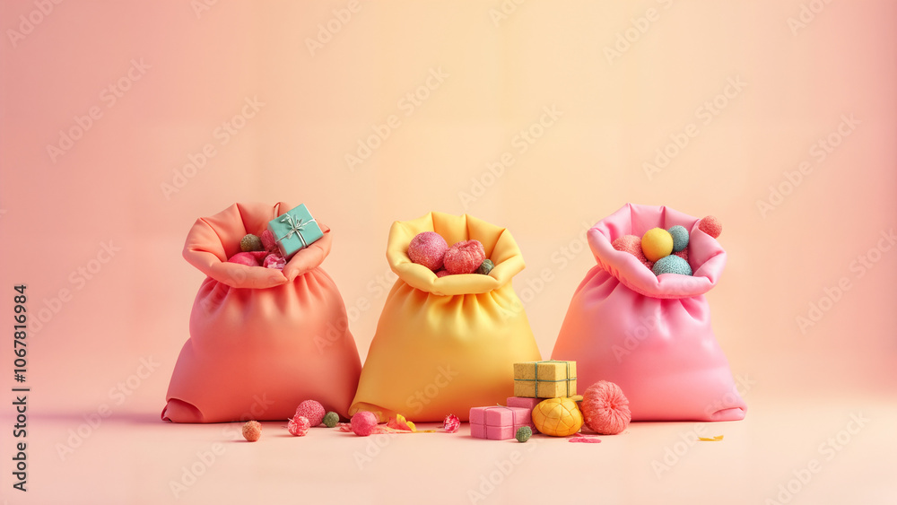 A Vibrant Trio of Sacks Overflowing with Unique Presents, Capturing the Joy and Warmth of the Holiday Season Through Playful Design and Colorful Surprises A Vibrant Trio of Sacks Overflowing with Unique Presents, Capturing the Joy and Warmth of the Holiday Season Through Playful Design and Colorful Surprises