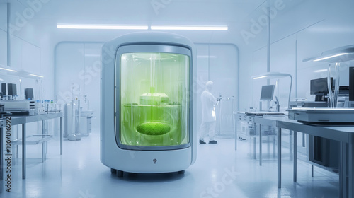 Futuristic Lab: Bioreactor with Green Organism, Clean Minimalist Design, Scientific Research