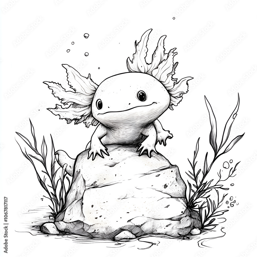 Fototapeta premium cute axolotl sitting on top of an underwater rock, simple line art with a white background 