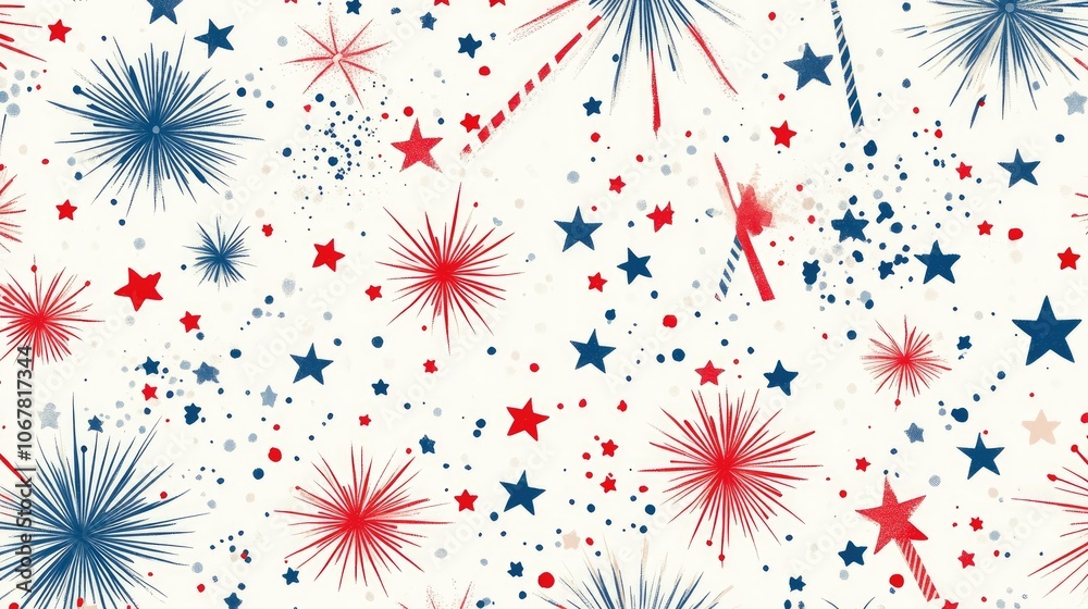 Festive July 4th scene with stars, stripes, and fireworks in red, white, and blue, evoking American pride Festive July 4th scene with stars, stripes, and fireworks in red, white, and blue, evoking American pride