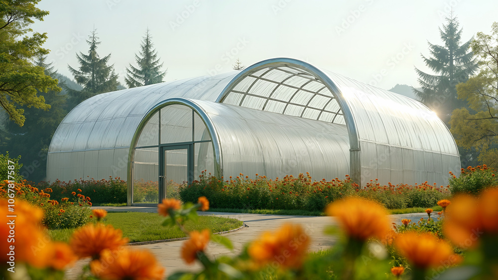 A Captivating Image of a Unique Greenhouse with Shimmering Foil and Two Distinct Arches Captured from a Low Angle A Captivating Image of a Unique Greenhouse with Shimmering Foil and Two Distinct Arches Captured from a Low Angle