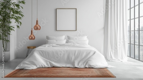 A White Bed with a Rug and a Plant in a Modern Bedroom