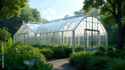 A Fascinating Greenhouse Constructed from Luminescent Foil with Large Arches Captured from a Low Angle Emphasizing Glossy Surfaces