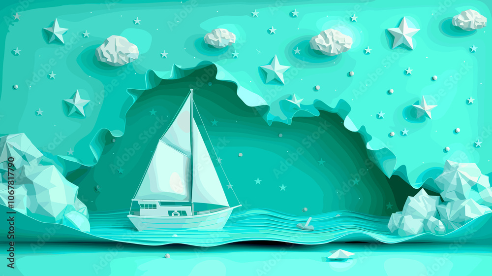 Naklejka premium A paper sailboat navigates through waves under stylized clouds and stars in a whimsical turquoise scene