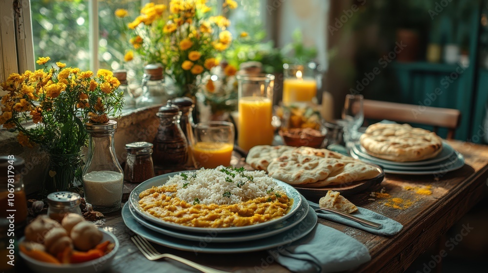 A beautifully arranged Indian thali meal on a wooden table with vibrant dishes and soft lighting, capturing cultural richness.
