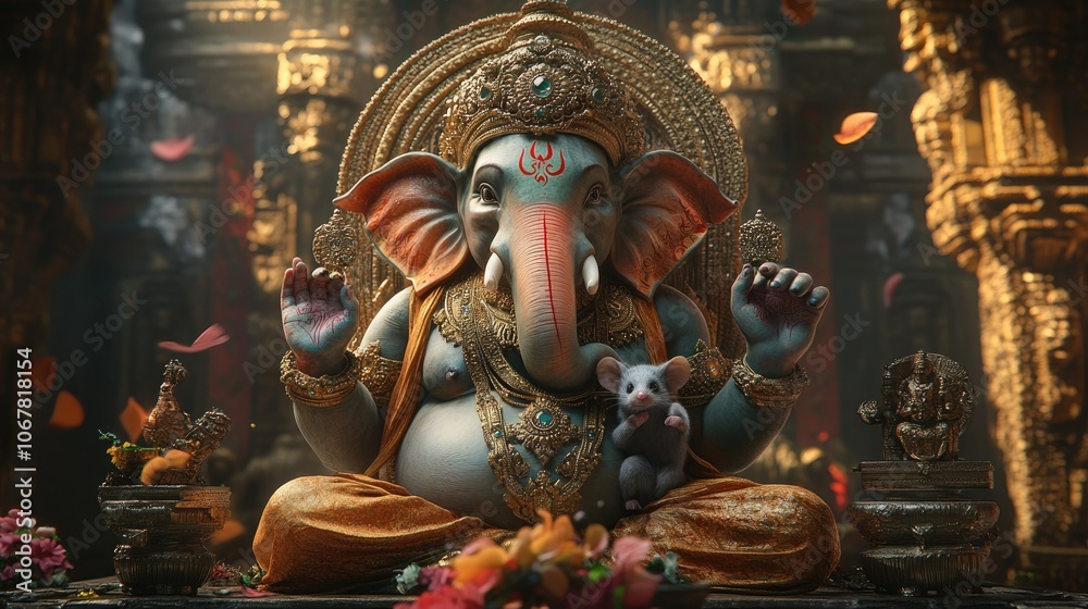 Majestic image of Lord Ganesha with his vehicle, the mouse, and spiritual elements, symbolizing divine protection Majestic image of Lord Ganesha with his vehicle, the mouse, and spiritual elements, symbolizing divine protection