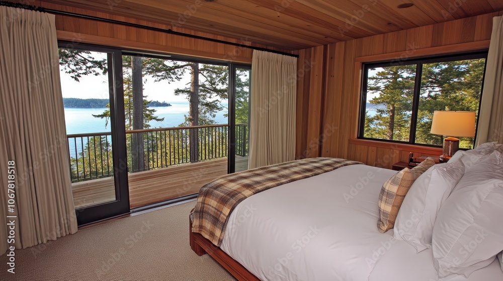 Modern Bedroom with Ocean View and Wooden Walls Modern Bedroom with Ocean View and Wooden Walls