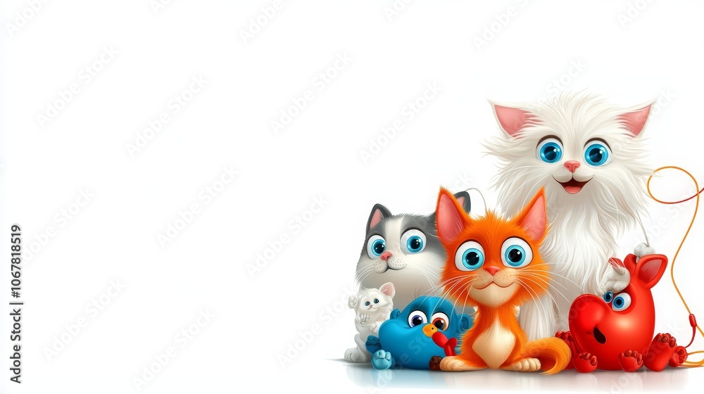 Cute Cartoon Animals Cat Kitten Pig Bird White Background Cute Cartoon Animals Cat Kitten Pig Bird White Background