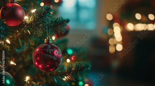 Close-up of a Red Ornament Hanging on a Christmas Tree