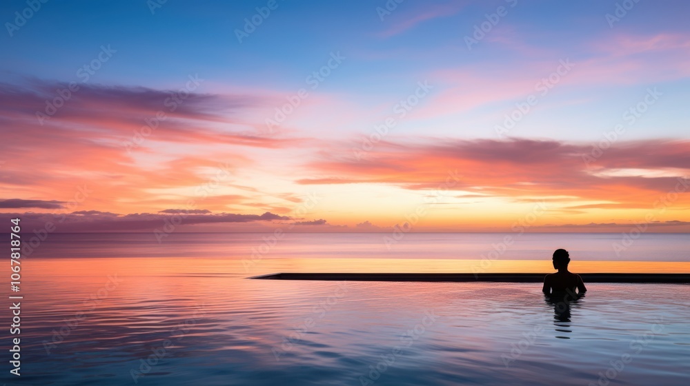 A person peacefully enjoys an infinity pool at sunset, with tranquil waters reflecting the vibrant colors of a serene sky. A person peacefully enjoys an infinity pool at sunset, with tranquil waters reflecting the vibrant colors of a serene sky.