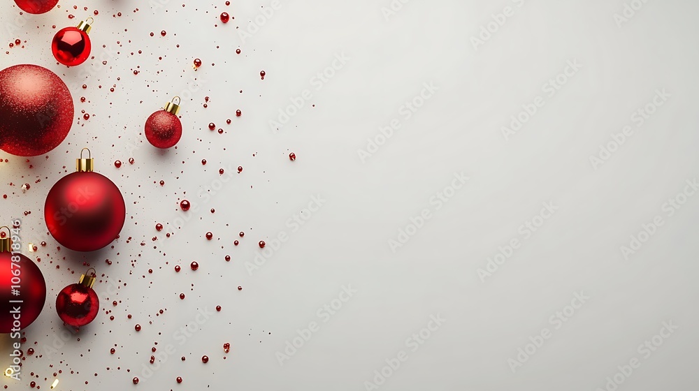 A minimalist Christmas banner with red ornaments and sparkling lights, perfect for a festive greeting card with room for text. A minimalist Christmas banner with red ornaments and sparkling lights, perfect for a festive greeting card with room for text.