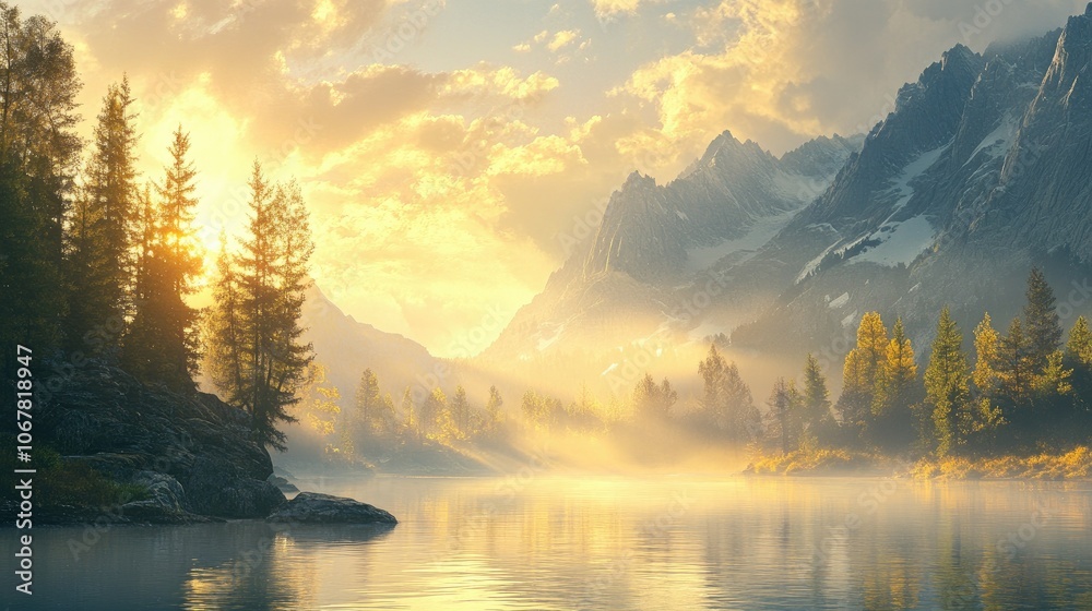Peaceful lake surrounded by pine trees and towering mountains, with mist rising from the water at sunrise Peaceful lake surrounded by pine trees and towering mountains, with mist rising from the water at sunrise
