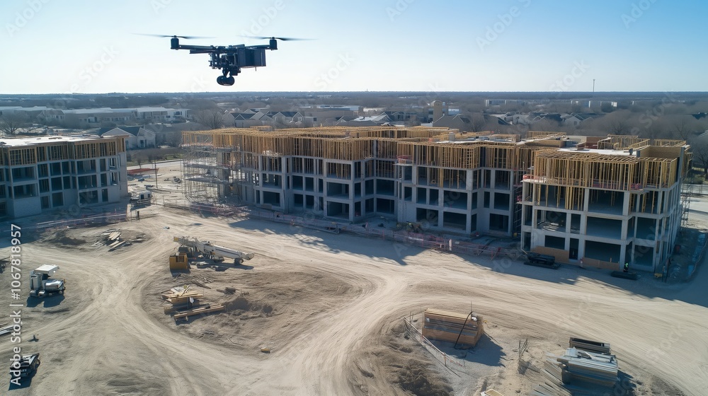 Drone shot of modular site with units being constructed and assembled. AI generated Drone shot of modular site with units being constructed and assembled. AI generated