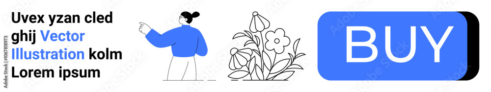 Person in blue jacket with pointer, flower graphic, large blue BUY button, and sample text. Ideal for e-commerce, user interaction, online shopping, landing pages, digital marketing, UIUX design Person in blue jacket with pointer, flower graphic, large blue BUY button, and sample text. Ideal for e-commerce, user interaction, online shopping, landing pages, digital marketing, UIUX design