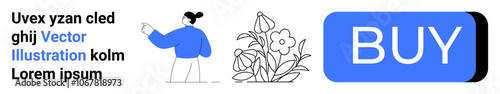Person in blue jacket with pointer, flower graphic, large blue BUY button, and sample text. Ideal for e-commerce, user interaction, online shopping, landing pages, digital marketing, UIUX design