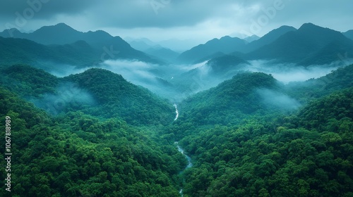 Aerial View of Misty Green Mountains in Vietnam. Generative AI