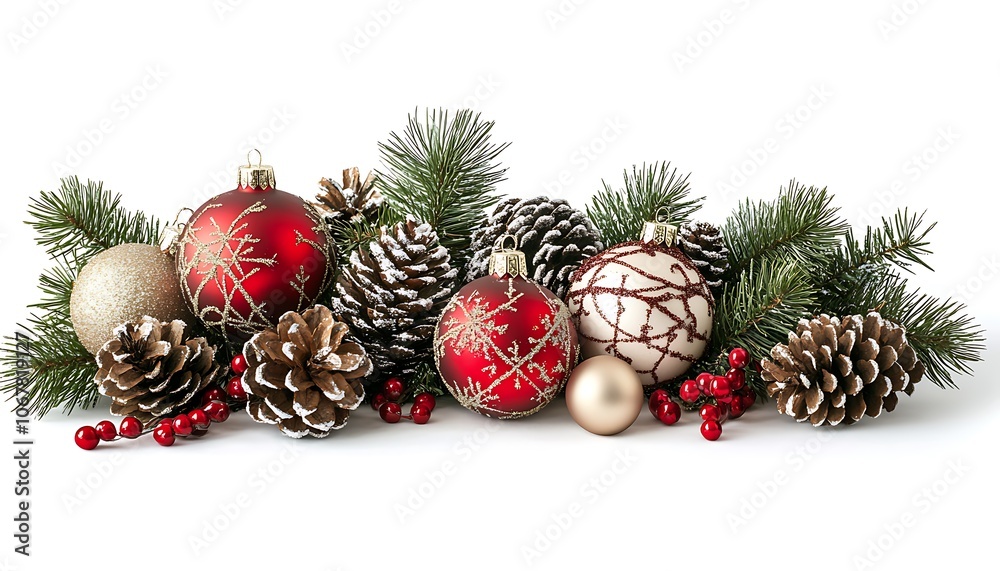 A white background featuring Christmas decorations, pinecones, and ornaments, with a large area for copy text, ideal for holiday cards. A white background featuring Christmas decorations, pinecones, and ornaments, with a large area for copy text, ideal for holiday cards.