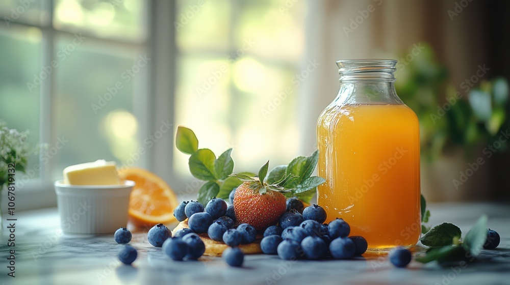 A sunlit table with fresh fruit, orange juice, and fluffy pancakes invites a delightful and nourishing breakfast experience. A sunlit table with fresh fruit, orange juice, and fluffy pancakes invites a delightful and nourishing breakfast experience.