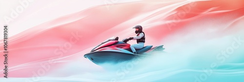 Artistic illustration of jetski in water. Flat vector. Summer tropical sports.