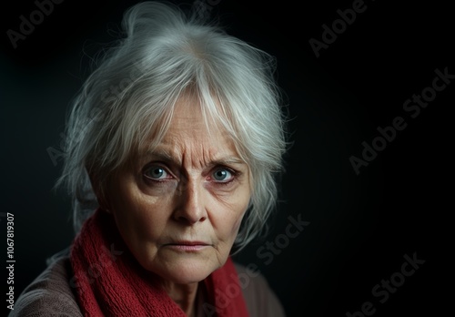 Close-up portrait of an elderly woman with white hair and solemn expression set against a dark background The detailed shot captures her intense gaze and the texture of her aged face