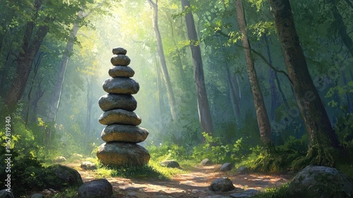 Scenic forest with stacked stones as a marker, representing a mindful journey and connection with nature