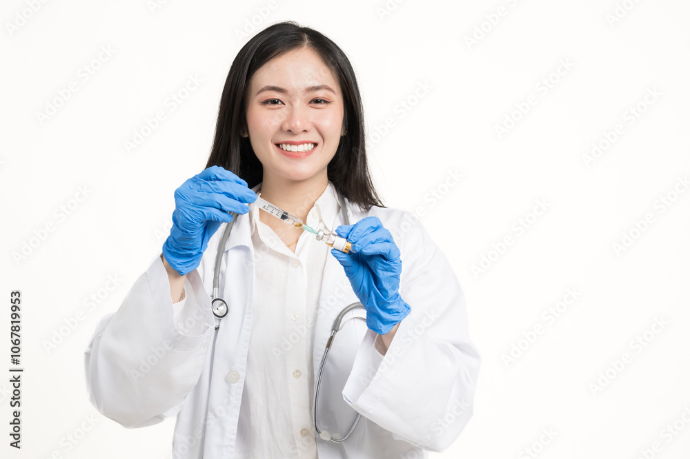 Woman Asian doctor's hand holding syringe and bottle for HPV (Human papilloma virus) vaccination.Vaccine for protection Coronavirus (Covid-19) infection.Vaccination for flu treatment. Woman Asian doctor's hand holding syringe and bottle for HPV (Human papilloma virus) vaccination.Vaccine for protection Coronavirus (Covid-19) infection.Vaccination for flu treatment.