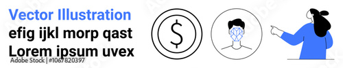 Woman in blue pointing towards dollar symbol and human face, accompanied by text blocks. Ideal for financial, business, instruction, illustration, design, education, and presentation themes. Banner