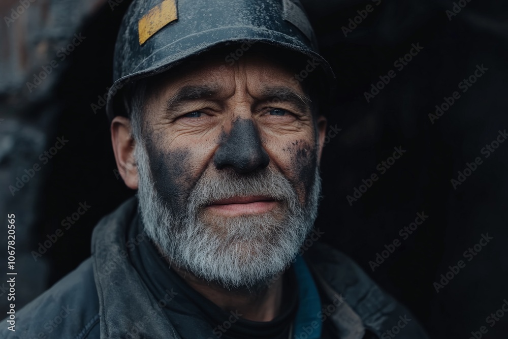 A serious-looking miner with a helmet stands, his face blackened by soot, representing the toughness and endurance needed for mining in harsh conditions. A serious-looking miner with a helmet stands, his face blackened by soot, representing the toughness and endurance needed for mining in harsh conditions.