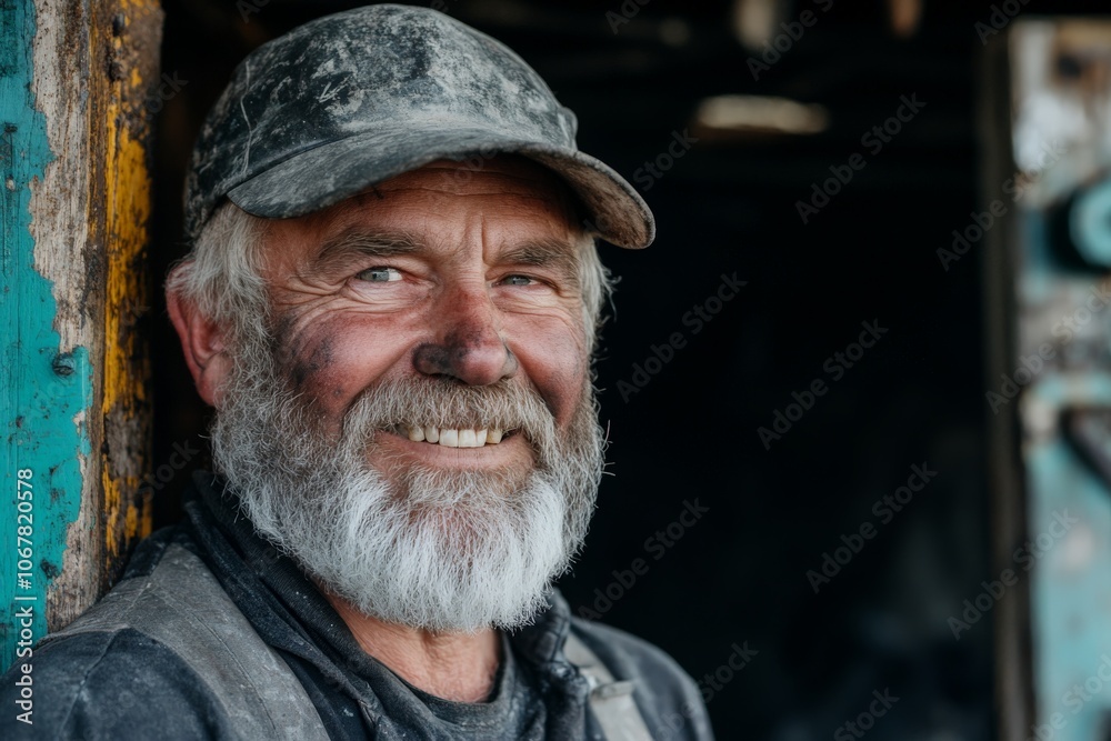 An elderly miner grins warmly, wearing a cap and work clothes, against a rustic background, symbolizing wisdom and contentment from years of service. An elderly miner grins warmly, wearing a cap and work clothes, against a rustic background, symbolizing wisdom and contentment from years of service.