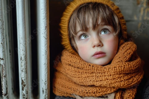 A young child wrapped in a warm orange scarf and knit hat gazes intently out of the window, capturing a sense of curiosity and coziness in a subdued setting. photo