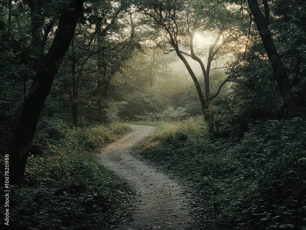 Fototapeta premium Explore a serene forest path at sunrise with rising mist and ample free space