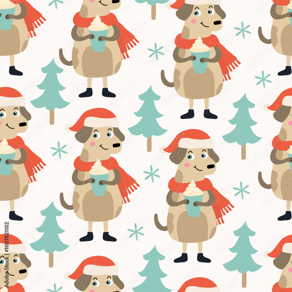 Festive seamless pattern with cute dog wearing Santa hat, hot drink and little Christmas trees. Perfect for holiday Xmas wrapping paper and textiles Festive seamless pattern with cute dog wearing Santa hat, hot drink and little Christmas trees. Perfect for holiday Xmas wrapping paper and textiles