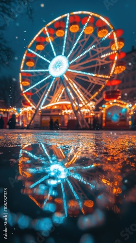 Wallpaper Mural A brightly lit ferris wheel reflects in puddles at a winter christmas carnival Torontodigital.ca