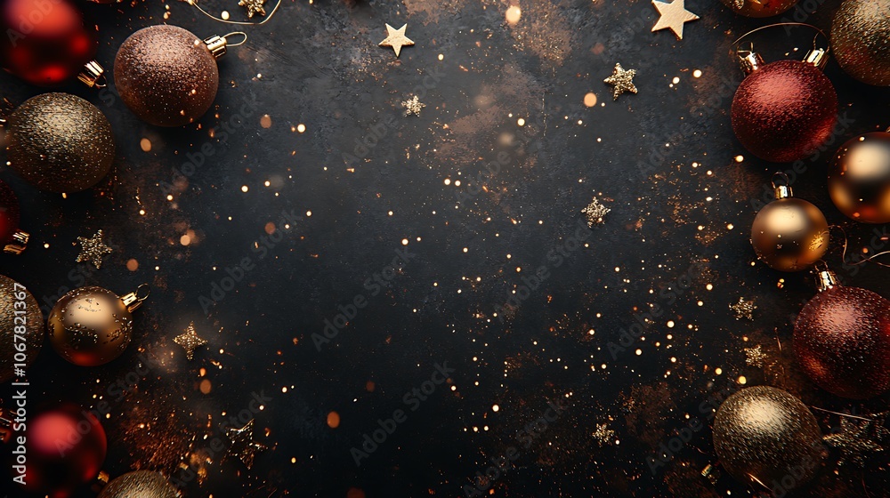 Naklejka premium A top view a background featuring gold and red Christmas ornaments with sparkling stars in the corner, leaving room for text.