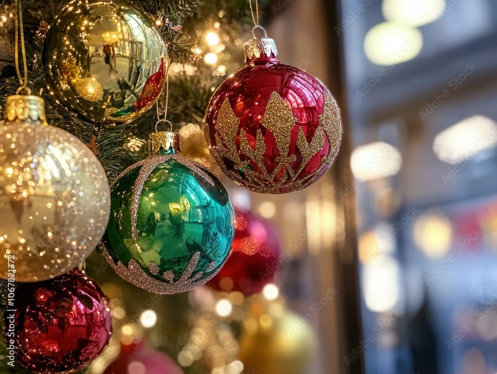 Capture the beauty of winter closeup of sparkling christmas ornaments in gold and red with abstract free copy space Capture the beauty of winter closeup of sparkling christmas ornaments in gold and red with abstract free copy space