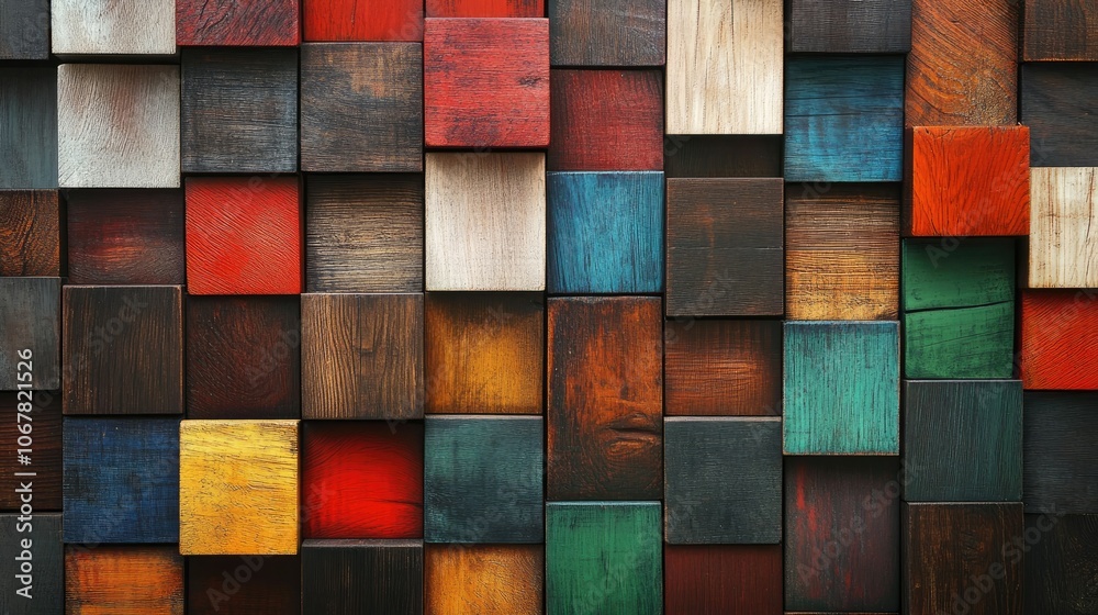 Wooden blocks of various colors stacked in a symmetrical design, creating a balanced yet vibrant background Wooden blocks of various colors stacked in a symmetrical design, creating a balanced yet vibrant background